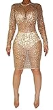 Womens Sexy Long Sleeve See Through Sequins Bodycon Party Club Split Dress (XXL, khaki)