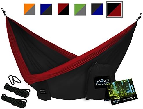 RenGard Portable Camping Hammock – Sturdy and Breathable Parachute Nylon built; Multifunctional; Tri-stitches – Best for both Indoor &amp; Outdoor Camping - Single, Burgundy/Dark Grey