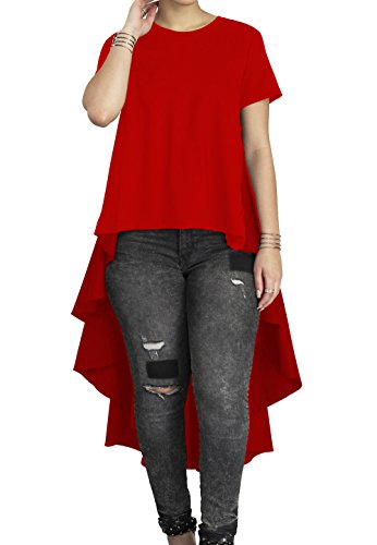 Women's Casual Chic Blouse Short Sleeve Round Neck Dovetail Hem T-Shirt Red