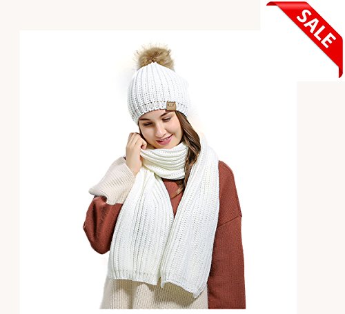 Jelinda Womenâ€™s Knitted Scarf Winter Hat Crochet Hat Warm Scarf and Hat Set (One Size, White)
