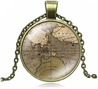 Globe Necklaces Earth World Map Art Glass Round Dome Pendant Chain Choker Necklace Women Gift (bronze)