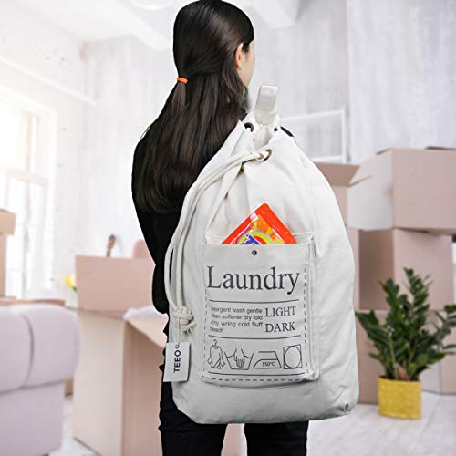 Laundry Bag Backpack Spacious 25"X22" Drawstring Cotton Canvas with Strong Durable Shoulder Straps Washing Storage Organizer College Students Dorm Room (Natural)