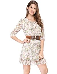 Mini vestido corto en capas con cuello redondo y manga 3 4 floral de Allegra K para mujer