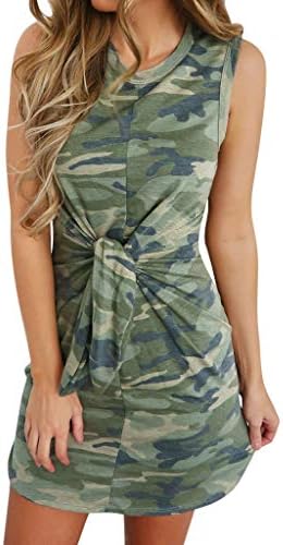 peacur Women Sleeveless Dresses Summer Fashion Camouflage Print Tied Up Holiday Casual Mini Shirt Dress