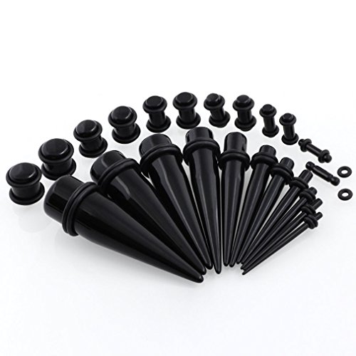 Stainless Steel Ear Stretching Taper Tunnel Starter Kit - 36 Piece Set 14G - 00G JDXN (14G-00G/36PCS Black)