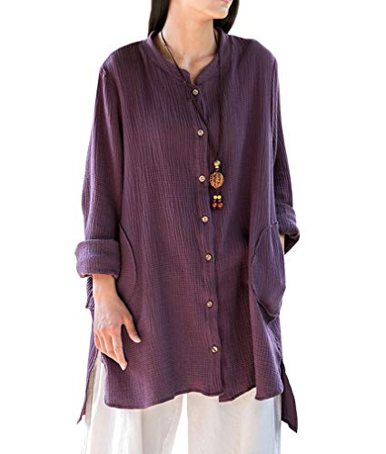 Soojun Women's Loose Fit Button Down Linen Cotton Cardigan Shirts Coat, Purple, X-Large