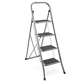 VonHaus Steel 4 Step Ladder Folding Portable Stool with 330lbs Capacity and Anti-Slip Feet - Lightweight and Sturdy