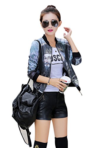 Mojessy Women's Floral Print Short Baseball Bomber Jacket Outwear Coats Large Black