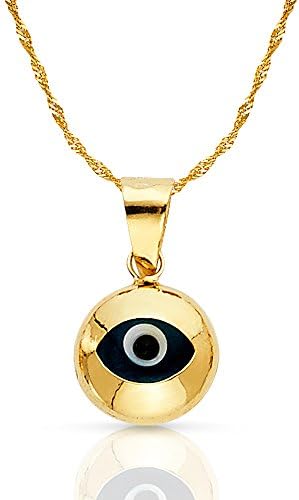 Ioka Jewelry - 14K Yellow Gold Evil Eye Round Charm Pendant with 1.2mm Singapore Chain Necklace - 18"