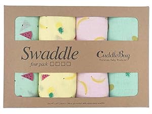 Image of Muslin Swaddle Blankets by CuddleBug - Tutti Frutti Color Print - 4 Pack Baby Blanket for Newborns - Swaddle Blanket, Swaddle Wrap, Muslin Swaddle and Receiving Blankets, Boy or Girl