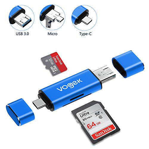 VOGEK SD Card Reader, 3-in-1 USB 3.0 / USB C/Micro USB Card Reader - SD, Micro SD, SDXC, SDHC, Micro SDHC, Micro SDXC Memory Card Reader for MacBook PC Tablets Smartphones - Blue