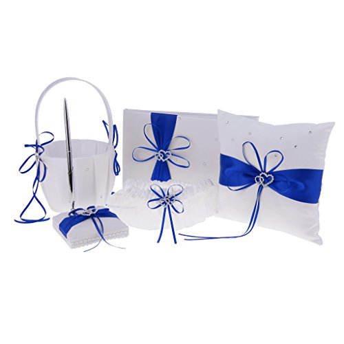 SunniMix Pieces of 5 Wedding Set Guest Book and Pen Stand Flower Girl Basket Ring Cushion Ring Holder Ring Bearer Garter Keepsake Memorial - Blue, as described
