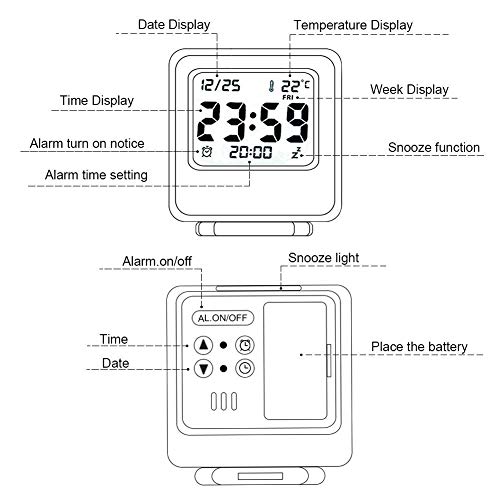 Huasen Mini Small Digital Travel Alarm Clocks Battery Operated with Light Folding,Portable,Pocket Size,Temperature,Black - Thumbnail 5