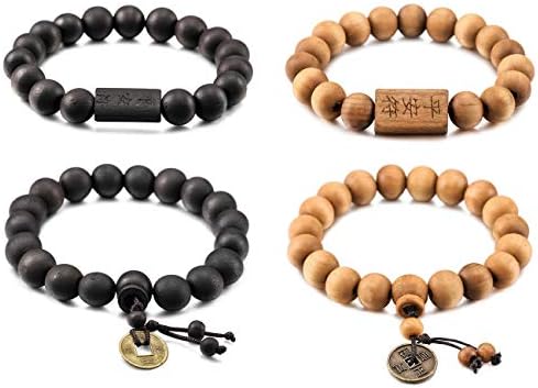 MOWOM 11mm Wood Bracelet Link Wrist Tibetan Buddhist Prayer Buddha Mala Amulet Coin Set Elastic