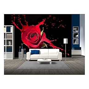 red Rose with red Splashes on Black Background - Removable Wall Mural | Self-Adhesive Large Wallpaper - 66x96 inches