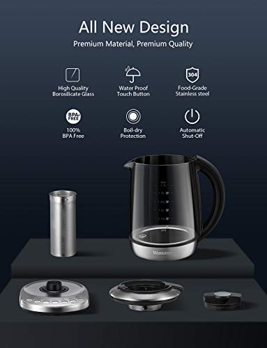 Electric Kettle Glass Tea kettle, One Touch Temperature Control Kettle for Professional Tea Brewing , NTC Absolute Precision Temp and Safety Control, 2 Yrs Warranty, 1.7L, Willsence Tea Master - Thumbnail 7