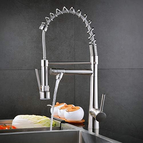 Lead Free Commercial Kitchen Faucet,Pull Down Sprayer Spring Brushed Nickel Kitchen Sink Faucet with Pot Filler Spout,Single Handle Single Hole