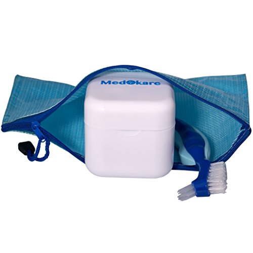 Medokare Denture Case with Basket, Brush and Travel Zip Case, Denture