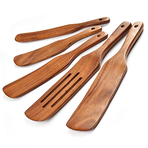 Spurtle Set,Wooden Spurtle Set of 5,Wooden Spoons for Cooking, Natural Teak Wooden Spatula for Cooking, Stirring, Mixing, Serving,Spurtles Kitchen Tools As Seen On Tv, Sourdough Starter Spatula