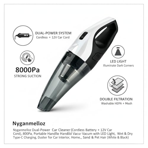 Dual-Power Car Vacuum Cleaner (Cordless Battery + 12V Car Cord), 8000Pa Strong Suction, Portable Handheld Vacuum with LED Light, Type-C Charging, Wet & Dry Mini Duster for Car Interior, Home&Pet Hair