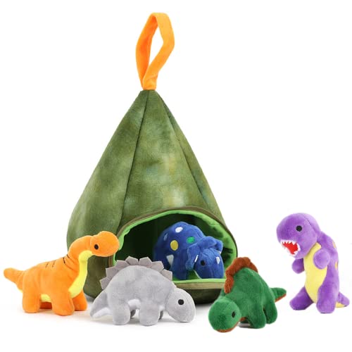Tezituor Dinosaur Plush Toy Set, Portable Dinosaur Volcano House with 5