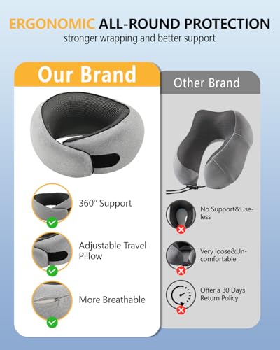Memory Foam Travel Neck Pillow, Ergonomic Cervical Support Pillow, Removable Washable Cover Neck Pillow for Airplane Car Road Trip Office Naps Camping (Light Grey)