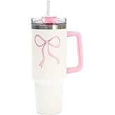FYSUIMU Pink Bow Tumbler with Lid Straw 40 Oz Watercolor Bowknot Stainless Steel Cup with Handle Coquette Travel Coffee Tumbler for Home Office Party Classroom