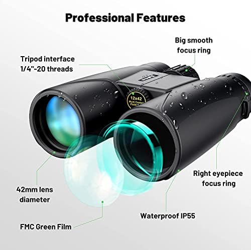 Prismaticos Profesionales Largo Alcance, Binoculares Pequeños y Potentes 12x42 - Prismas BAK-4 y Lentes FMC, Antiniebla e Impermeables con Adaptador para Smartphone de Aves, Caza, Senderismo