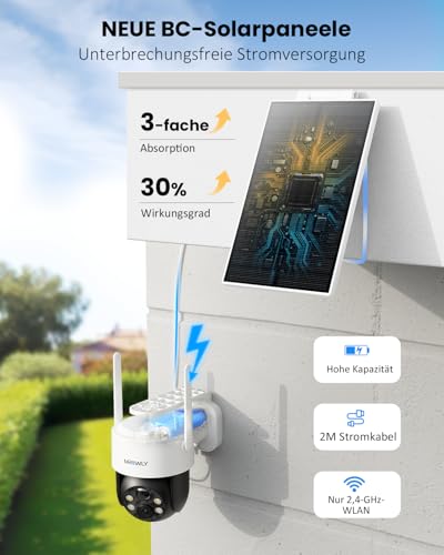 Mrowly 2K Outdoor Solar Surveillance Camera, 360° PTZ WiFi Camera Outdoor Wireless with Removable Solar Panel, 2.4 GHZ, PIR Motion Detection, Colour Night Vision, 2-Way Audio, IP66, for Garden, Yard