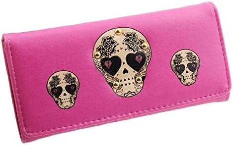 BESSKY Women Creative Rivet Skull Pattern Wallet Purse Long Leather Wallet, Hot Pink