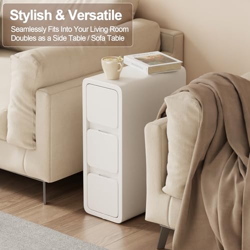 AQIMUELE Narrow Bedside Table with 3 Drawers, No Installation, Leather Surface, Bedside Table for Bedroom Living Room, Width 20cm (White)