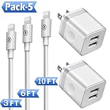 Phone Charger (Pack of 5) , DENWAN 3ft+6ft+10ft Long Charging Cable and Dual USB Wall Plug Charger Block Cube Compatible with Phone 11/ XS/XR/X 8/7/6/Plus SE/5S/5C, Pad Air Mini Pro