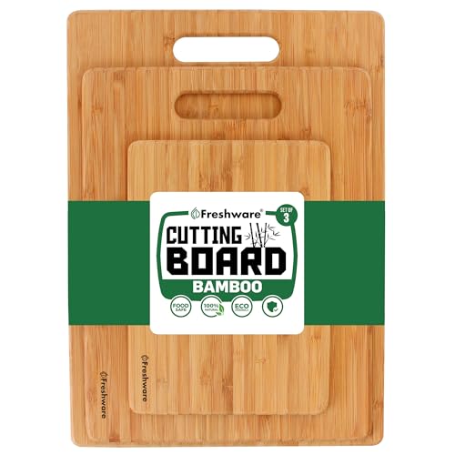 Freshware Bamboo Cutting Boards for Kitchen [Set of 3] Wood Cutting Board for Chopping Meat, Vegetables, Fruits, Cheese, Knife Friendly Serving Tray with Handles
