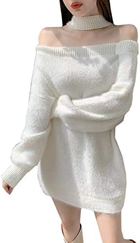 Amazon Co Jp ココアンドユカ タートルネック オフショルダー セーター ニット ミニ ワンピース 長袖 肩だし セクシー チュニック ワンピ ゆったり トップス 首輪 レディース ホワイト M 服 ファッション小物