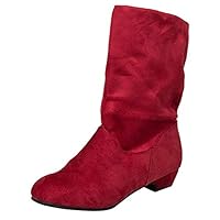 Goldweather Women Mid Calf Boots Ladies Solid Suede Low Square Heel Slip-On Martin Boots (US:7.5, Red)