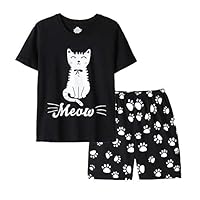 Vopmocld Big Girls Summer Short Sleeve Pajama Sets Cute Cat Patterns Sleepwear Nighty 100% Cotton, Black, 12 Years