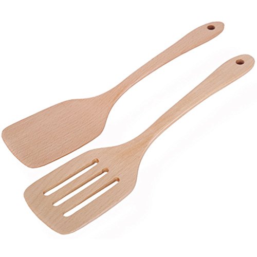 COSPRING Beechwood Spatulas Pair, Non Stick Wood Turners, Kitchen Handcrafted Spoon, Scoop Ladle, Pack of 2, Heat Resistant, Eco-friendly and Safe