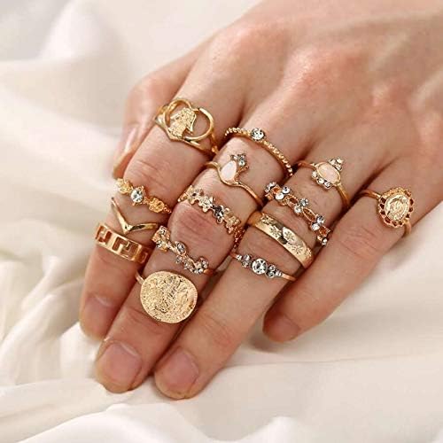 Dusenly 15pcs Women's Retro Portrait Gold Coin Cross Ring Knuckle Ring Set Bohemian Stacking Rings for Women Girls - Image 3