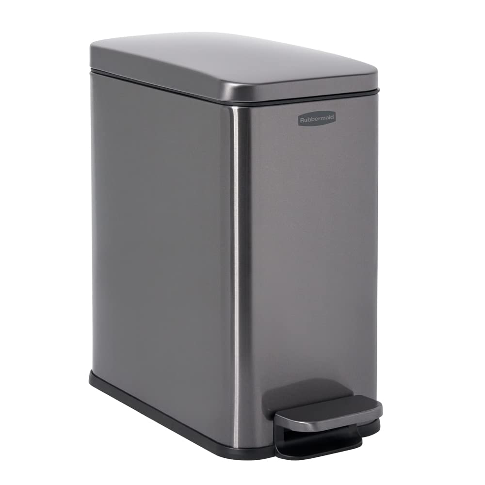 Photo 1 of Rubbermaid Stainless Steel Slim Step-On Trash Can, 2.6-Gallon, Charcoal, Wastebasket with Lid for Home/Bathroom/Kitchen