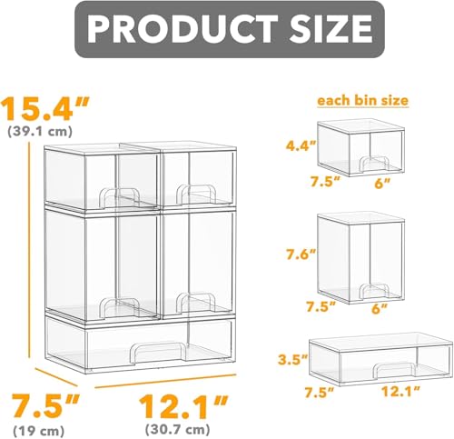 Bestbless Bottle Storage Organizer Baby - Acrylic Bottles Station Organizer Container, Stackable Clear Drawers for Countertop, Vanity, Bathroom, Cabinet, Pantry Organization, 5 Pack, 2S2M1L, 15.4" H