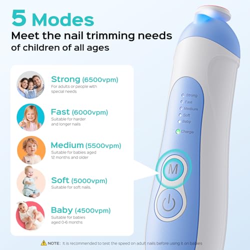 COSLUS C52 Baby Nail Trimmer Rechargeable: CPC Certified & Quiet Design - Gentle Baby Nail File for Trimming, Electric Baby Nail Kit with 5 Modes & 6 Grinding Heads for Infant toddler Kid, Baby Blue