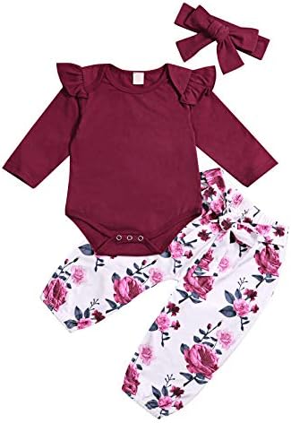 Newborn Infant Baby Girl Clothes Romper Jumpsuit Ruffle Bodysuit Floral Pants Outfits with Headband 3Pcs Sets