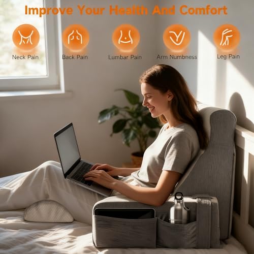 Large Reading Pillow with Removable Neck Pillow and Armrest, Back Cushion, Ergonomic Back Cushion with Arm and Pocket and Washable Reading Pillow Cover for Reading