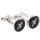 HJ Men's 2PCS Rhodium Plated Cufflinks Silver Initial Letter Shirt Wedding Business 1 Pair Set Black H