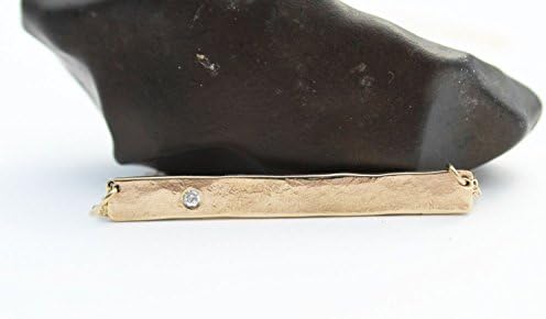 14k solid gold diamond bar necklace. Hammered bar pendant with genuine white 2mm diamond. Handmade rustic unique gold artisan jewelry handcrafted in Colorado, USA by Jane Fuller Designs