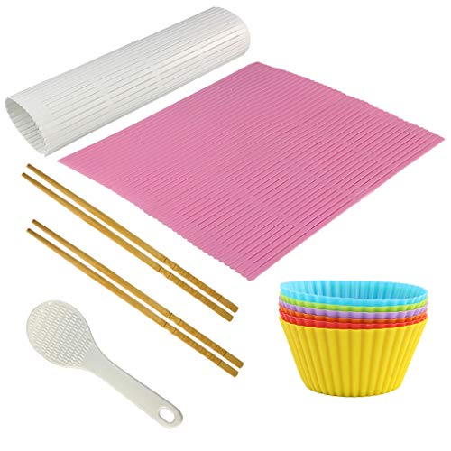 Yolyoo Sushi Kit Rolling Mats for Sushi Making 1x Rice Paddle, 6x Silicone Baking Cups and 2 Chopsticks