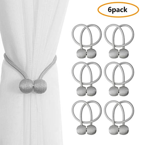 Umikk 6 Pack Magnetic Curtain Tiebacks Drape Tie Backs, Decorative Hooks Holdback Holders for Window Décor (Silver Grey)