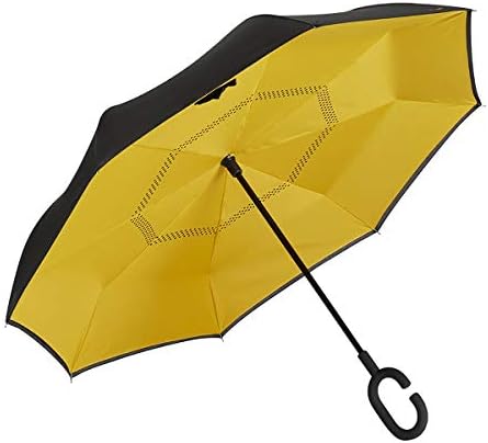 EZPELETA Reversible Inverted Umbrella. Windproof and Manual with Handle in C. Double Layer Fabric - Mustard