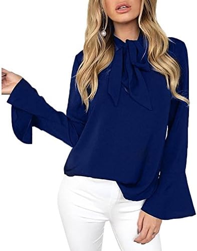 Womens Causal Solid Long Flare Sleeve V Neck Bow Tie Shirt Blouse Tee Top,(C.I.I.) m.p,Blue