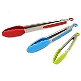 Vhabob Kitchen Tongs, Set Of 3 - 7, 9, 12 Inch, Stainless Steel Food Tongs With Silicone Tips For Barbecue, Salad, Grilling, Frying, Cooking(Red, Blue, Green)